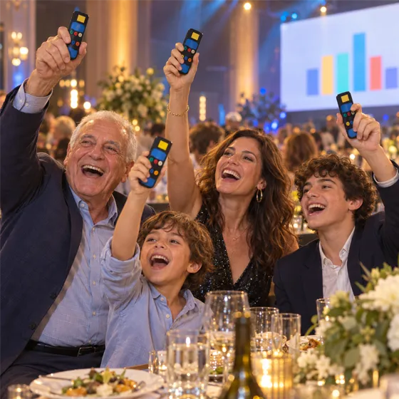 שולחן משפחתי מכל הגילים מריע עם שלטים מורמים
