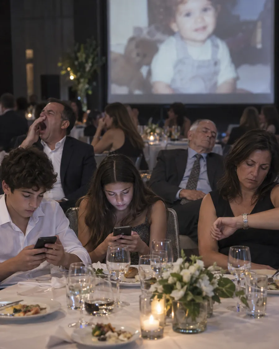 מצגת תמונות ילדות על המסך, ובאולם אורחים מפהקים ומסתכלים בטלפונים