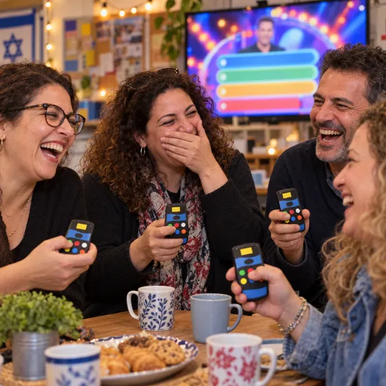 מורים בחדר המורים צוחקים עם שלטים וכוסות קפה